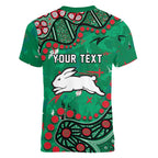 Personalized South Sydney Rabbitohs Women V-Neck T-Shirt Aboriginal Pattern with Graffiti Style Design