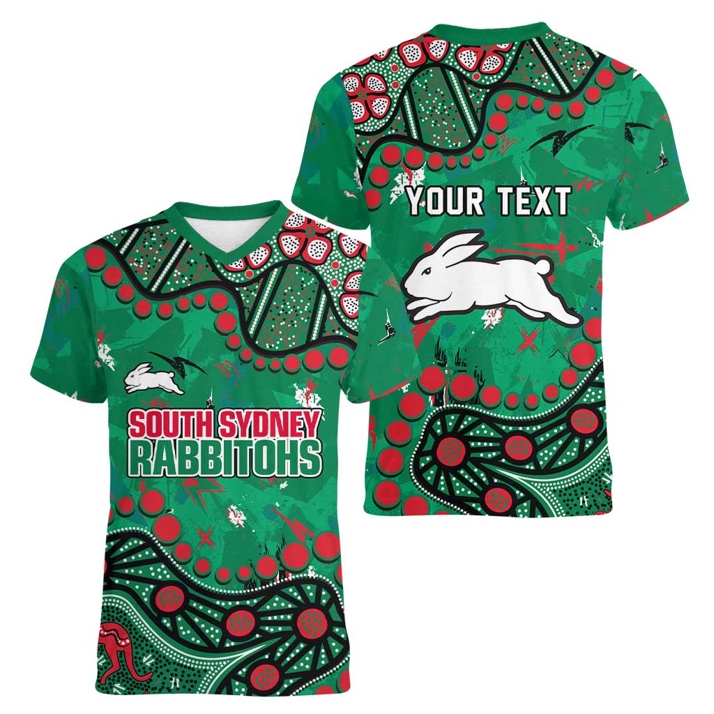 Personalized South Sydney Rabbitohs Women V-Neck T-Shirt Aboriginal Pattern with Graffiti Style Design