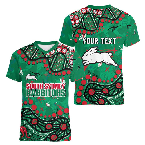 Personalized South Sydney Rabbitohs Women V-Neck T-Shirt Aboriginal Pattern with Graffiti Style Design