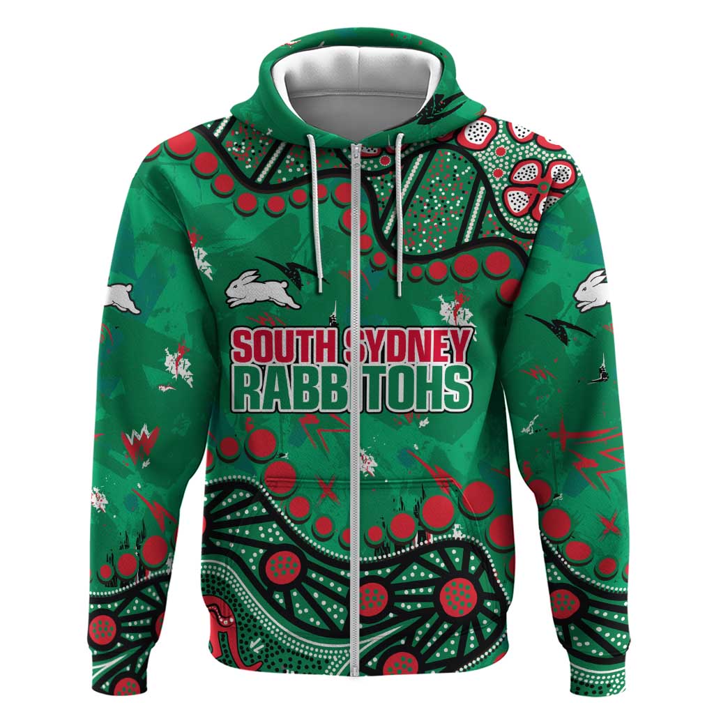 Personalized South Sydney Rabbitohs Zip Hoodie Aboriginal Pattern with Graffiti Style Design