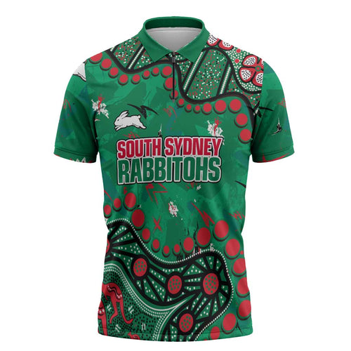 Personalized South Sydney Rabbitohs Zipper Polo Shirt Aboriginal Pattern with Graffiti Style Design
