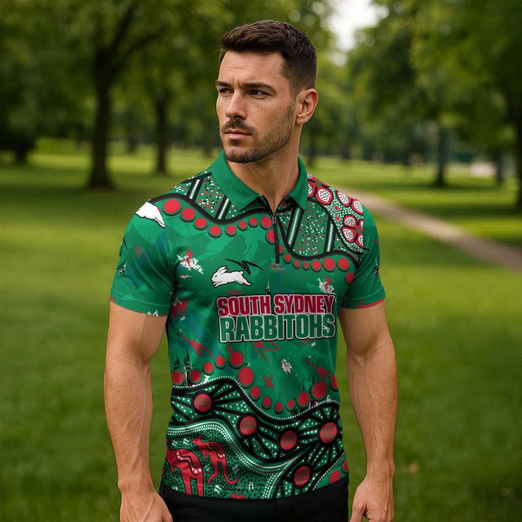 Personalized South Sydney Rabbitohs Zipper Polo Shirt Aboriginal Pattern with Graffiti Style Design