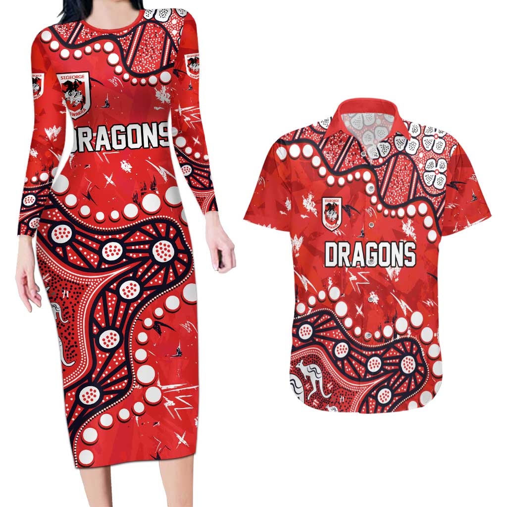 Personalized St. George Illawarra Dragons Couples Matching Long Sleeve Bodycon Dress and Hawaiian Shirt Aboriginal Pattern with Graffiti Style Design