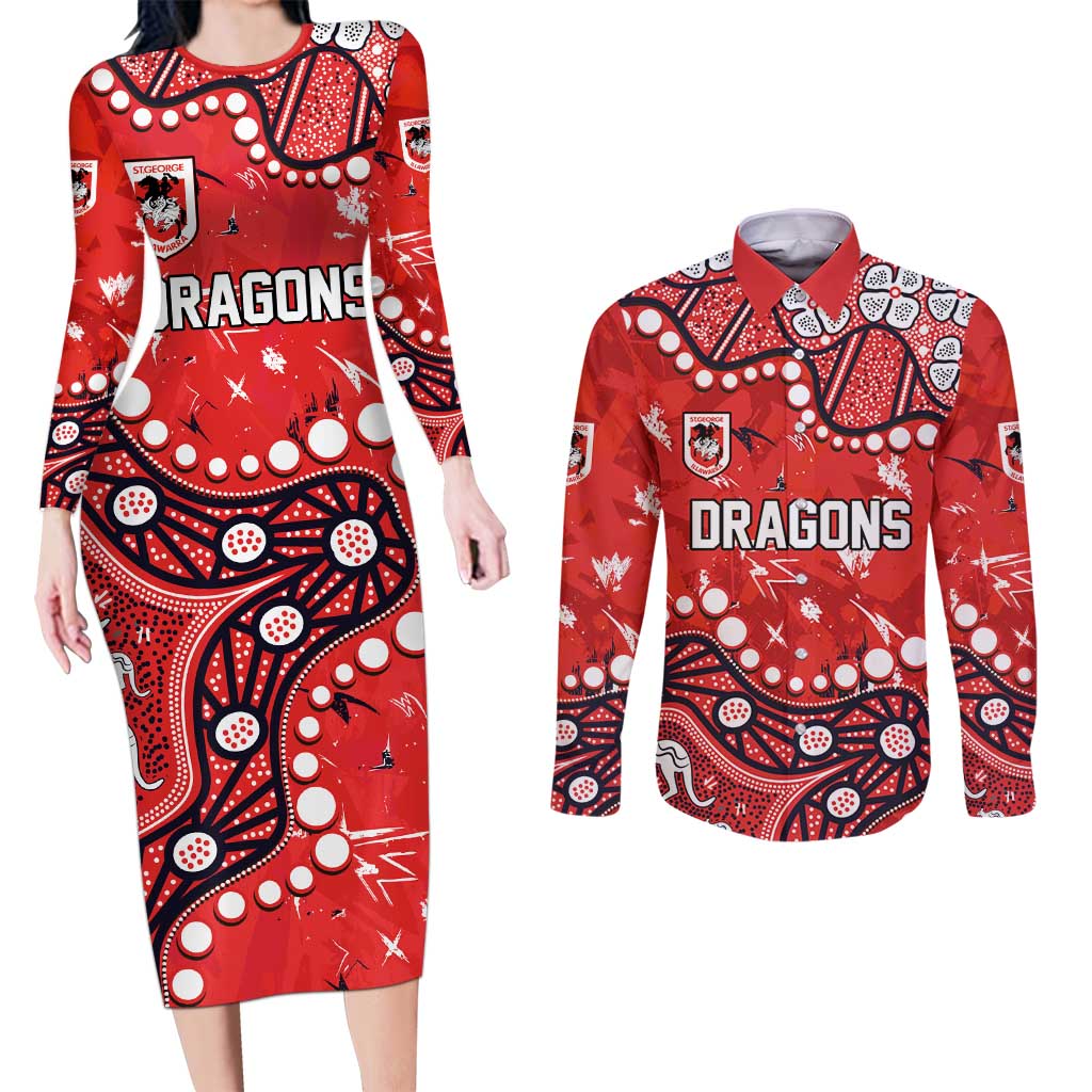 Personalized St. George Illawarra Dragons Couples Matching Long Sleeve Bodycon Dress and Long Sleeve Button Shirt Aboriginal Pattern with Graffiti Style Design