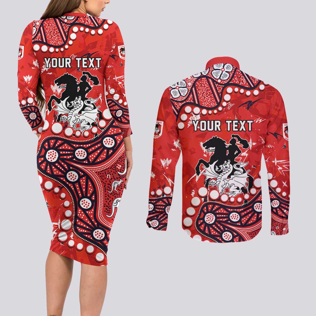 Personalized St. George Illawarra Dragons Couples Matching Long Sleeve Bodycon Dress and Long Sleeve Button Shirt Aboriginal Pattern with Graffiti Style Design