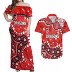 Personalized St. George Illawarra Dragons Couples Matching Off Shoulder Maxi Dress and Hawaiian Shirt Aboriginal Pattern with Graffiti Style Design