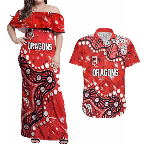 Personalized St. George Illawarra Dragons Couples Matching Off Shoulder Maxi Dress and Hawaiian Shirt Aboriginal Pattern with Graffiti Style Design