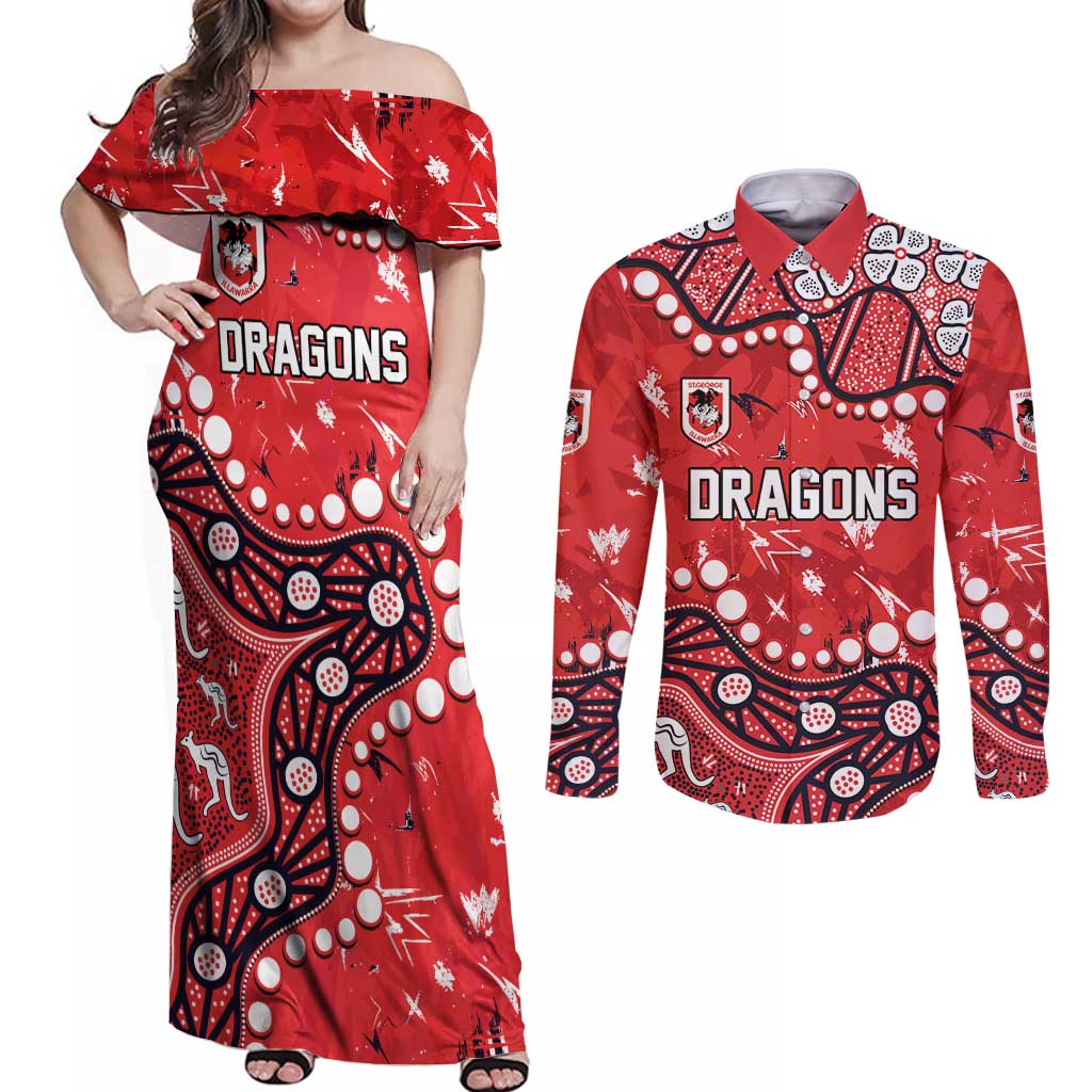 Personalized St. George Illawarra Dragons Couples Matching Off Shoulder Maxi Dress and Long Sleeve Button Shirt Aboriginal Pattern with Graffiti Style Design