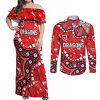 Personalized St. George Illawarra Dragons Couples Matching Off Shoulder Maxi Dress and Long Sleeve Button Shirt Aboriginal Pattern with Graffiti Style Design