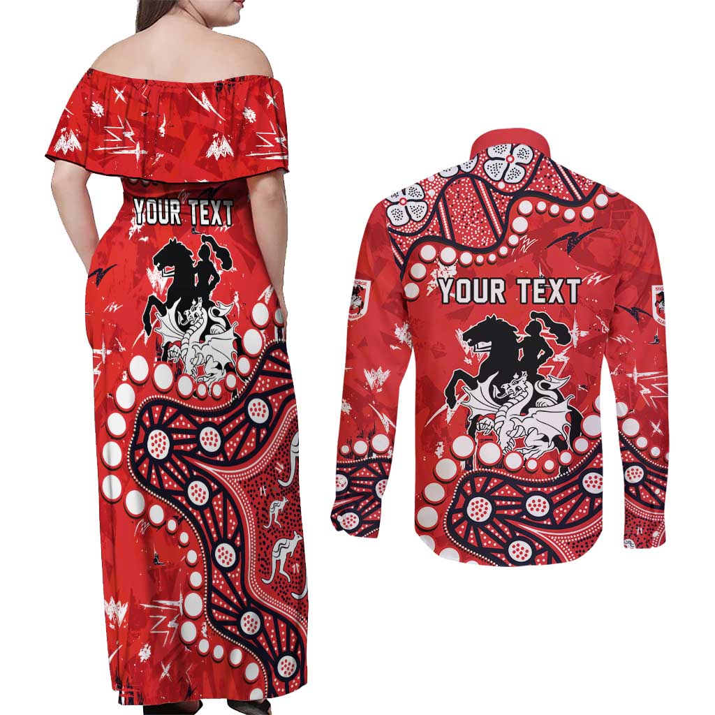Personalized St. George Illawarra Dragons Couples Matching Off Shoulder Maxi Dress and Long Sleeve Button Shirt Aboriginal Pattern with Graffiti Style Design