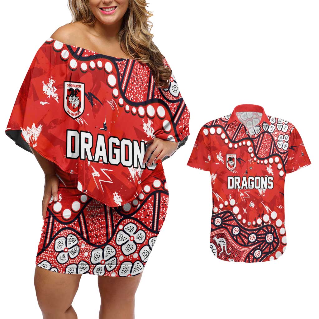 Personalized St. George Illawarra Dragons Couples Matching Off Shoulder Short Dress and Hawaiian Shirt Aboriginal Pattern with Graffiti Style Design
