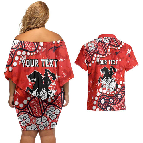Personalized St. George Illawarra Dragons Couples Matching Off Shoulder Short Dress and Hawaiian Shirt Aboriginal Pattern with Graffiti Style Design