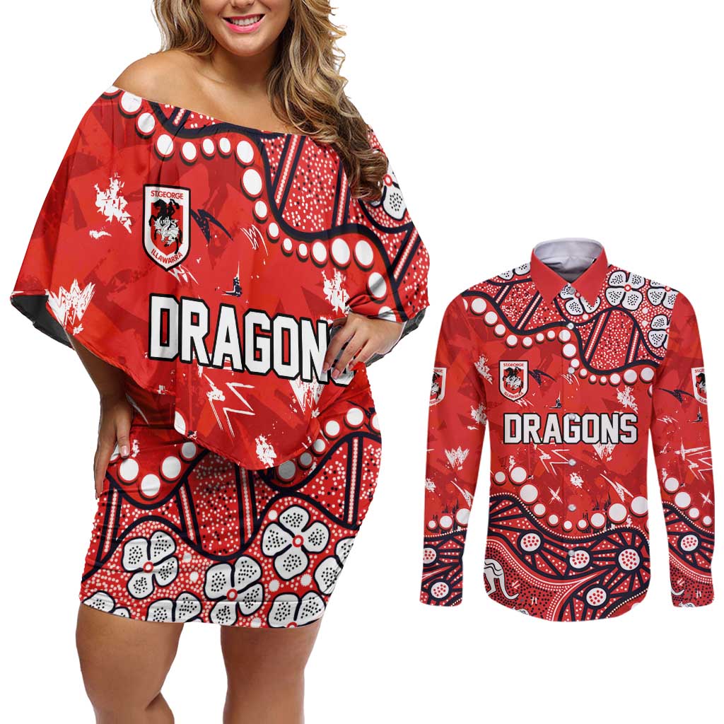 Personalized St. George Illawarra Dragons Couples Matching Off Shoulder Short Dress and Long Sleeve Button Shirt Aboriginal Pattern with Graffiti Style Design