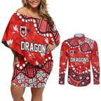 Personalized St. George Illawarra Dragons Couples Matching Off Shoulder Short Dress and Long Sleeve Button Shirt Aboriginal Pattern with Graffiti Style Design
