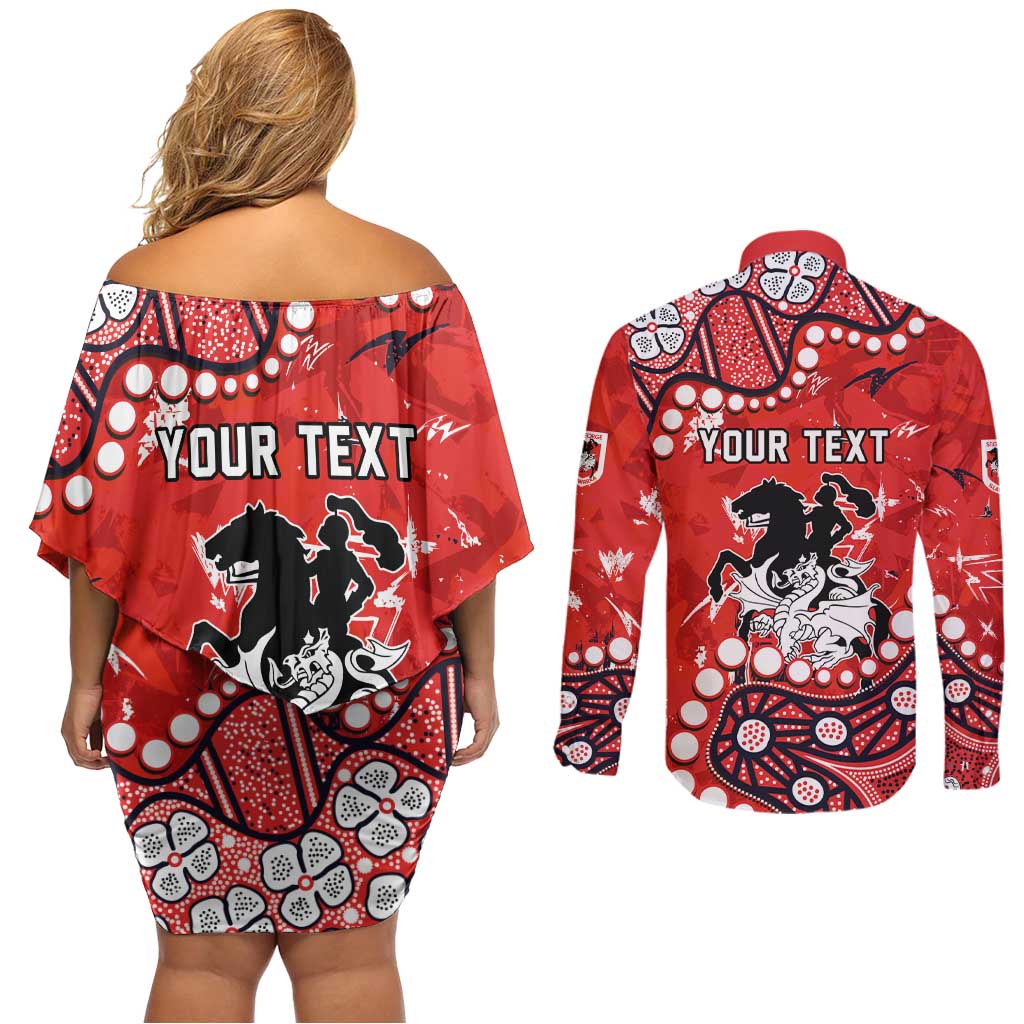 Personalized St. George Illawarra Dragons Couples Matching Off Shoulder Short Dress and Long Sleeve Button Shirt Aboriginal Pattern with Graffiti Style Design