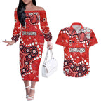 Personalized St. George Illawarra Dragons Couples Matching Off The Shoulder Long Sleeve Dress and Hawaiian Shirt Aboriginal Pattern with Graffiti Style Design