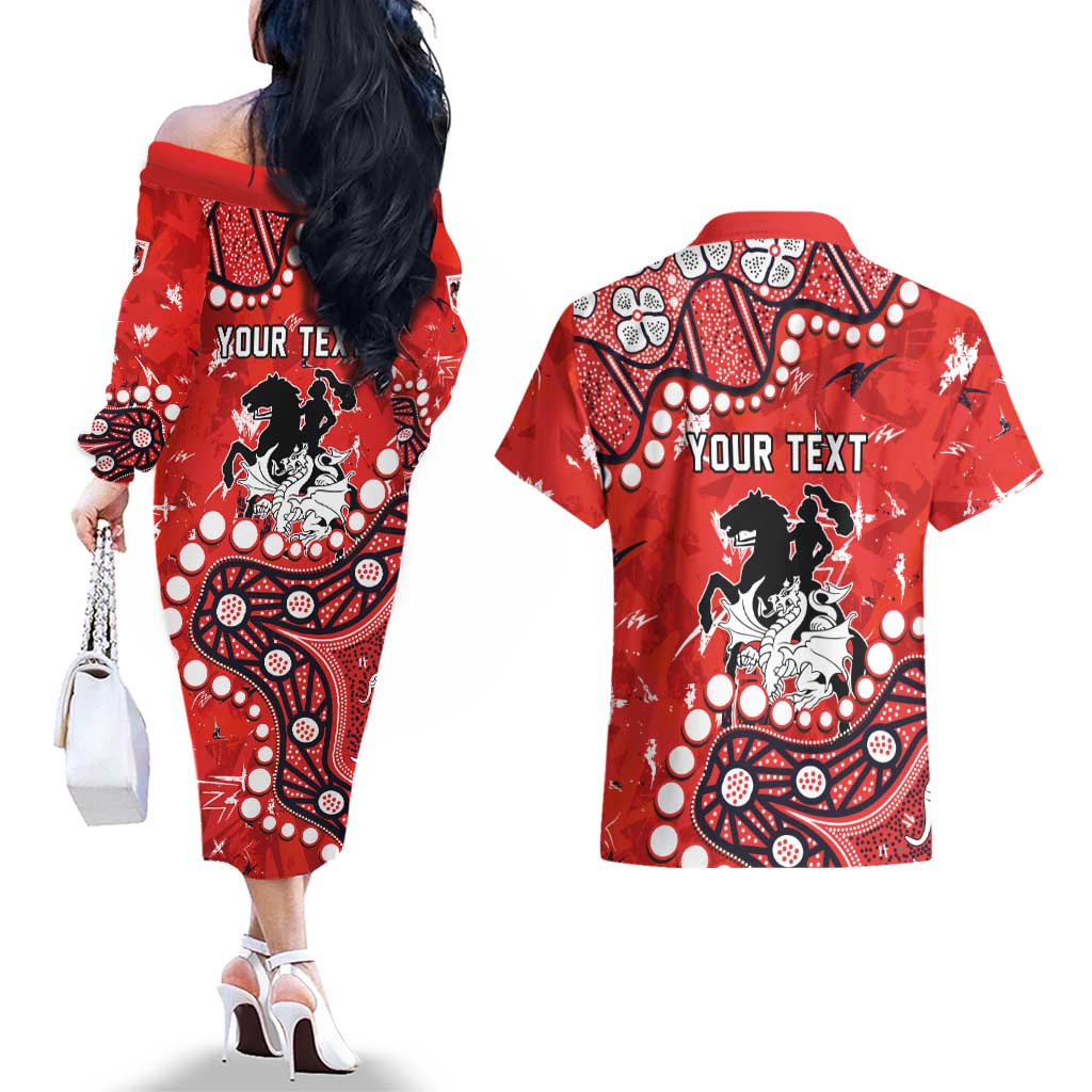 Personalized St. George Illawarra Dragons Couples Matching Off The Shoulder Long Sleeve Dress and Hawaiian Shirt Aboriginal Pattern with Graffiti Style Design