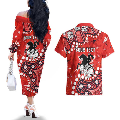 Personalized St. George Illawarra Dragons Couples Matching Off The Shoulder Long Sleeve Dress and Hawaiian Shirt Aboriginal Pattern with Graffiti Style Design