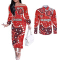 Personalized St. George Illawarra Dragons Couples Matching Off The Shoulder Long Sleeve Dress and Long Sleeve Button Shirt Aboriginal Pattern with Graffiti Style Design