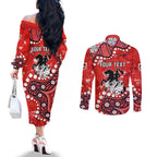 Personalized St. George Illawarra Dragons Couples Matching Off The Shoulder Long Sleeve Dress and Long Sleeve Button Shirt Aboriginal Pattern with Graffiti Style Design