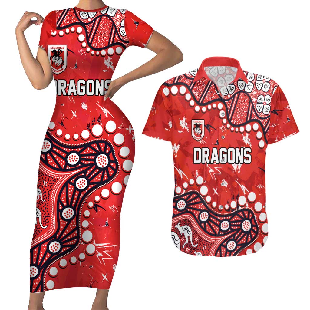 Personalized St. George Illawarra Dragons Couples Matching Short Sleeve Bodycon Dress and Hawaiian Shirt Aboriginal Pattern with Graffiti Style Design