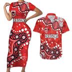 Personalized St. George Illawarra Dragons Couples Matching Short Sleeve Bodycon Dress and Hawaiian Shirt Aboriginal Pattern with Graffiti Style Design