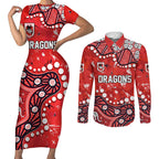 Personalized St. George Illawarra Dragons Couples Matching Short Sleeve Bodycon Dress and Long Sleeve Button Shirt Aboriginal Pattern with Graffiti Style Design