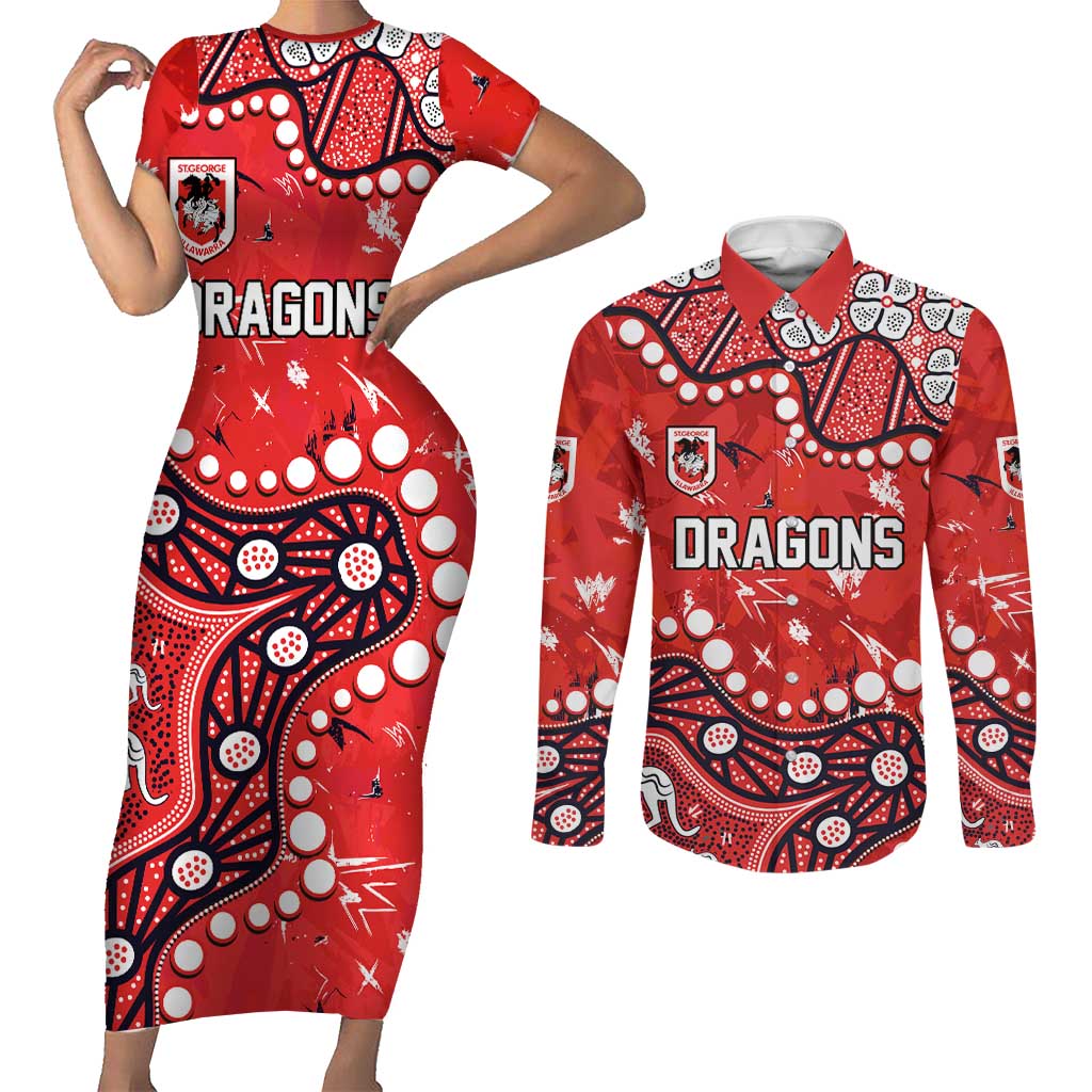 Personalized St. George Illawarra Dragons Couples Matching Short Sleeve Bodycon Dress and Long Sleeve Button Shirt Aboriginal Pattern with Graffiti Style Design