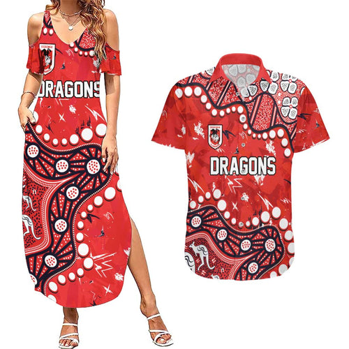 Personalized St. George Illawarra Dragons Couples Matching Summer Maxi Dress and Hawaiian Shirt Aboriginal Pattern with Graffiti Style Design