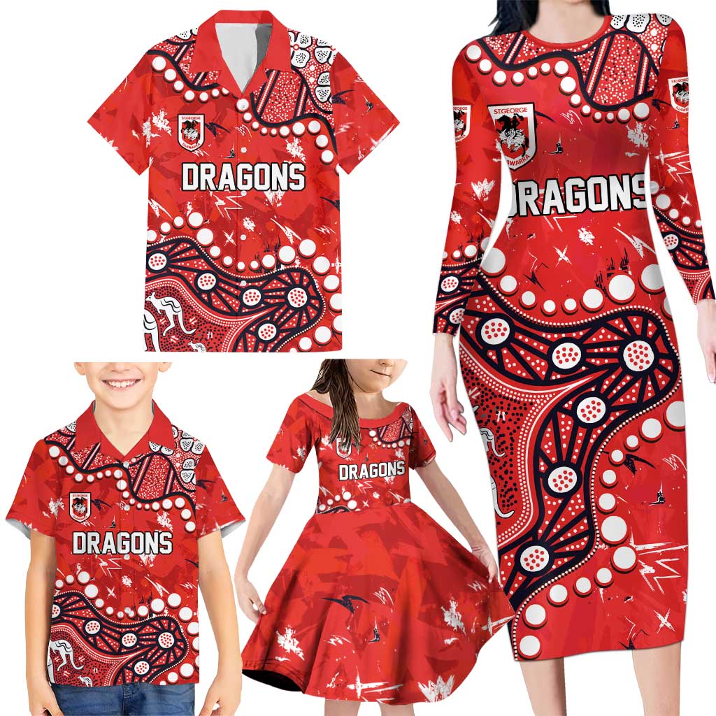 Personalized St. George Illawarra Dragons Family Matching Long Sleeve Bodycon Dress and Hawaiian Shirt Aboriginal Pattern with Graffiti Style Design