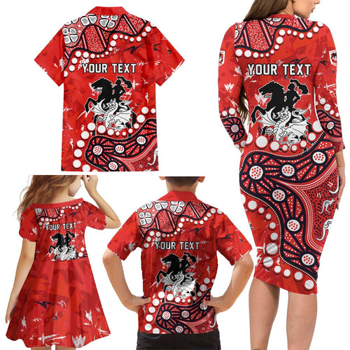 Personalized St. George Illawarra Dragons Family Matching Long Sleeve Bodycon Dress and Hawaiian Shirt Aboriginal Pattern with Graffiti Style Design