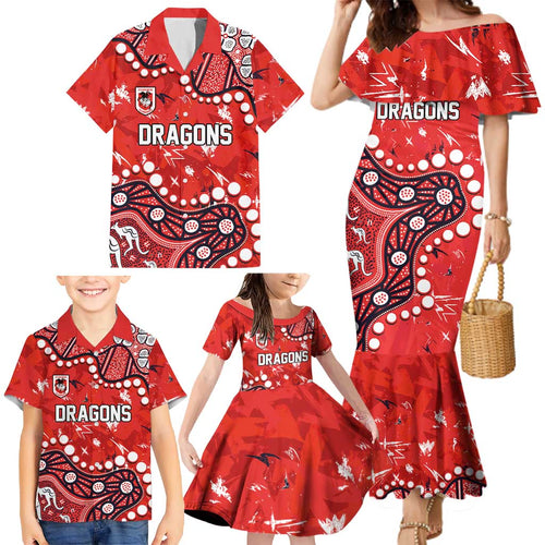 Personalized St. George Illawarra Dragons Family Matching Mermaid Dress and Hawaiian Shirt Aboriginal Pattern with Graffiti Style Design