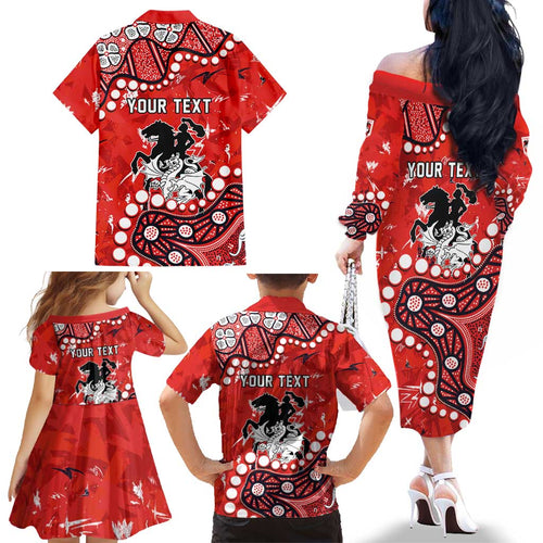 Personalized St. George Illawarra Dragons Family Matching Off The Shoulder Long Sleeve Dress and Hawaiian Shirt Aboriginal Pattern with Graffiti Style Design