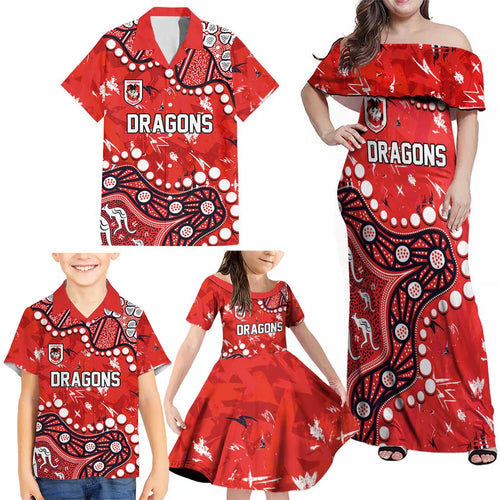 Personalized St. George Illawarra Dragons Family Matching Off Shoulder Maxi Dress and Hawaiian Shirt Aboriginal Pattern with Graffiti Style Design