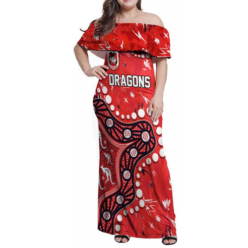 Personalized St. George Illawarra Dragons Family Matching Off Shoulder Maxi Dress and Hawaiian Shirt Aboriginal Pattern with Graffiti Style Design