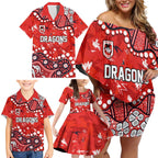 Personalized St. George Illawarra Dragons Family Matching Off Shoulder Short Dress and Hawaiian Shirt Aboriginal Pattern with Graffiti Style Design
