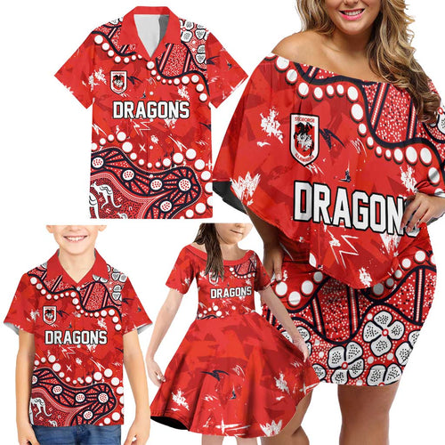 Personalized St. George Illawarra Dragons Family Matching Off Shoulder Short Dress and Hawaiian Shirt Aboriginal Pattern with Graffiti Style Design