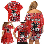 Personalized St. George Illawarra Dragons Family Matching Off Shoulder Short Dress and Hawaiian Shirt Aboriginal Pattern with Graffiti Style Design
