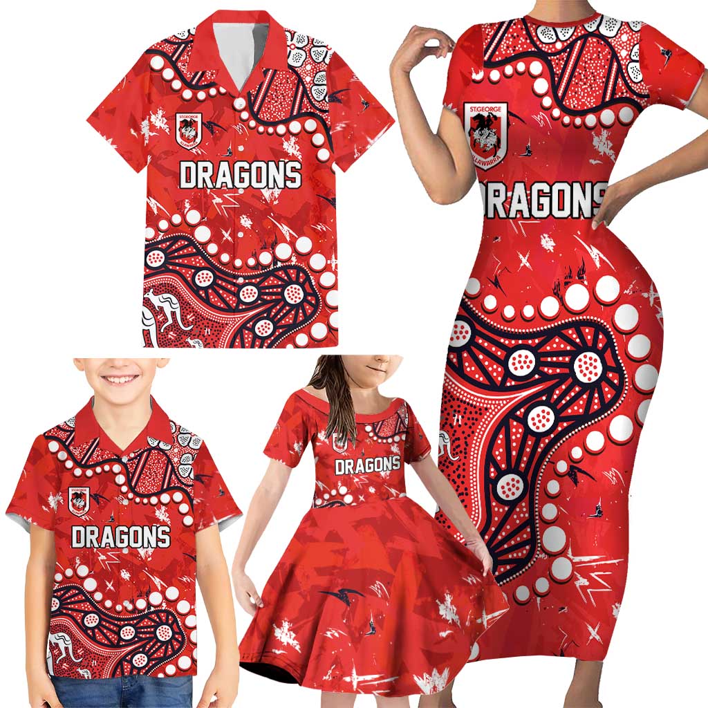 Personalized St. George Illawarra Dragons Family Matching Short Sleeve Bodycon Dress and Hawaiian Shirt Aboriginal Pattern with Graffiti Style Design