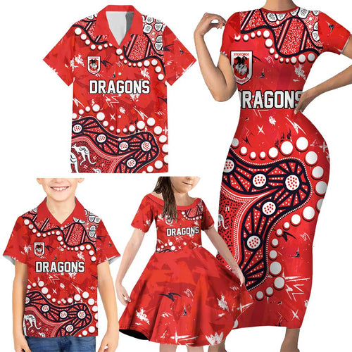 Personalized St. George Illawarra Dragons Family Matching Short Sleeve Bodycon Dress and Hawaiian Shirt Aboriginal Pattern with Graffiti Style Design