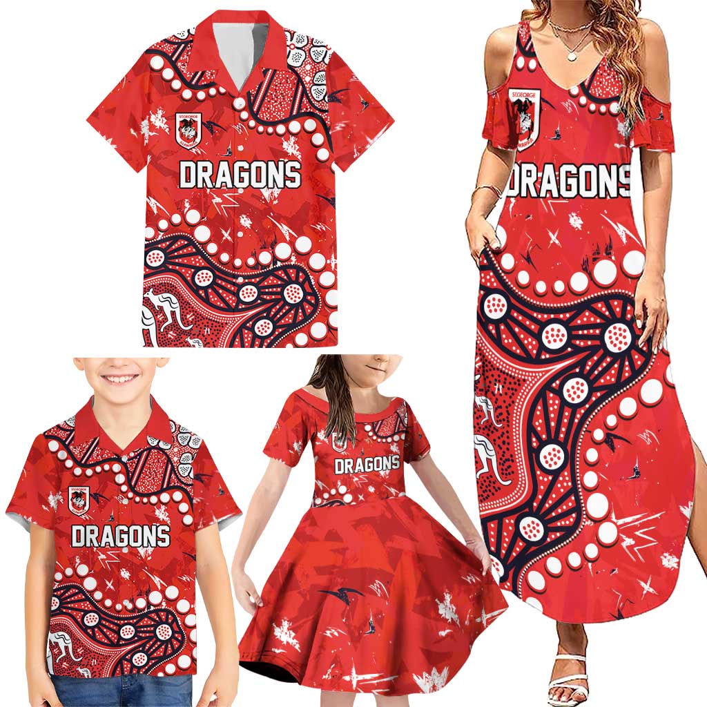 Personalized St. George Illawarra Dragons Family Matching Summer Maxi Dress and Hawaiian Shirt Aboriginal Pattern with Graffiti Style Design