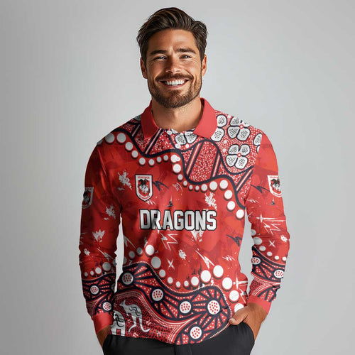 Personalized St. George Illawarra Dragons Long Sleeve Polo Shirt Aboriginal Pattern with Graffiti Style Design
