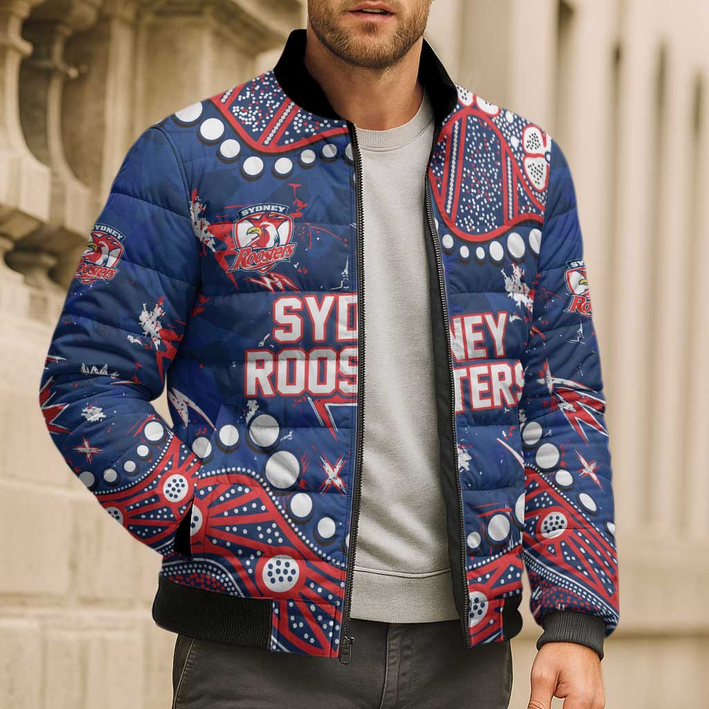 Personalized Sydney Roosters Bomber Puffer Jacket Aboriginal Pattern with Graffiti Style Design