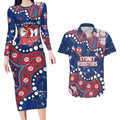 Personalized Sydney Roosters Couples Matching Long Sleeve Bodycon Dress and Hawaiian Shirt Aboriginal Pattern with Graffiti Style Design