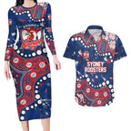 Personalized Sydney Roosters Couples Matching Long Sleeve Bodycon Dress and Hawaiian Shirt Aboriginal Pattern with Graffiti Style Design