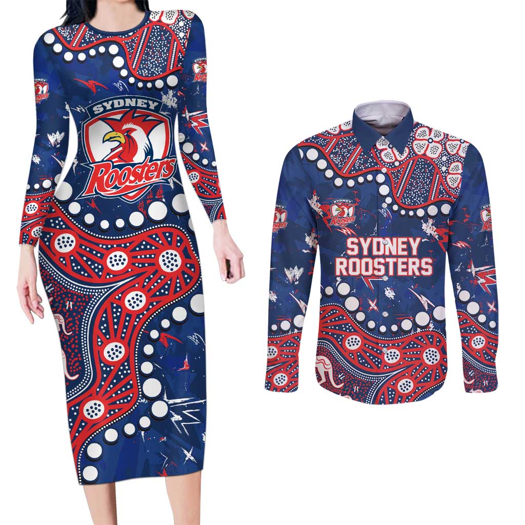 Personalized Sydney Roosters Couples Matching Long Sleeve Bodycon Dress and Long Sleeve Button Shirt Aboriginal Pattern with Graffiti Style Design