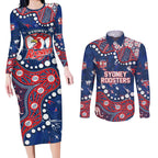 Personalized Sydney Roosters Couples Matching Long Sleeve Bodycon Dress and Long Sleeve Button Shirt Aboriginal Pattern with Graffiti Style Design