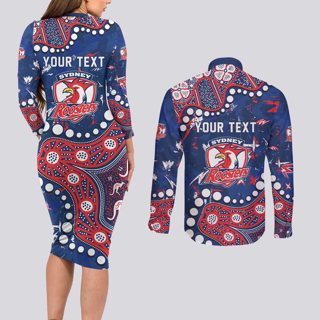 Personalized Sydney Roosters Couples Matching Long Sleeve Bodycon Dress and Long Sleeve Button Shirt Aboriginal Pattern with Graffiti Style Design