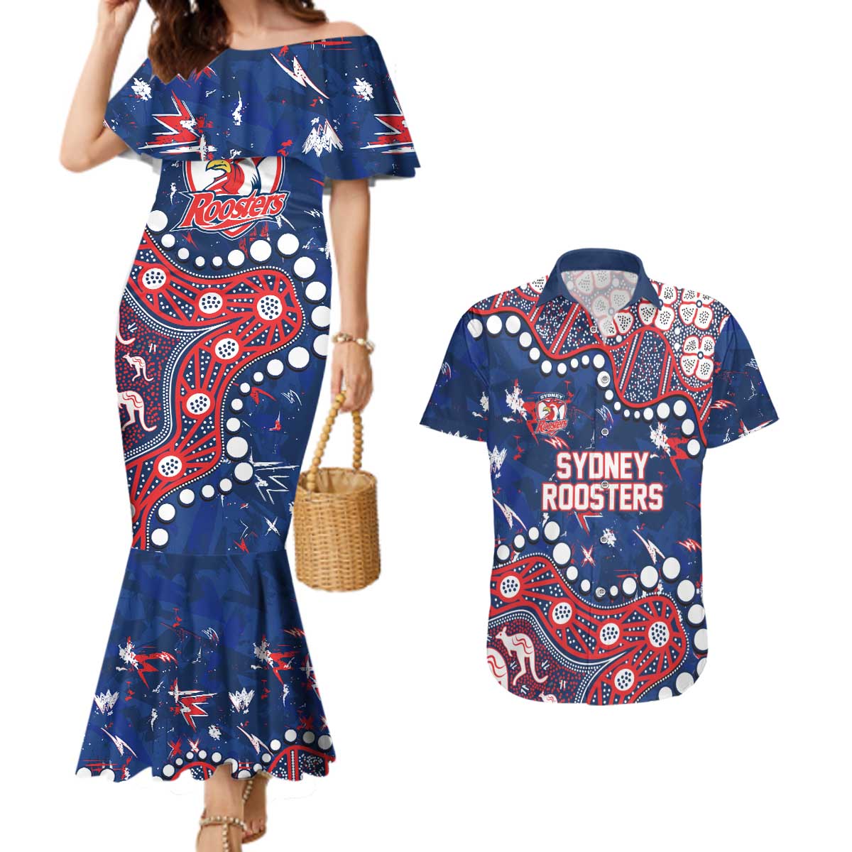 Personalized Sydney Roosters Couples Matching Mermaid Dress and Hawaiian Shirt Aboriginal Pattern with Graffiti Style Design