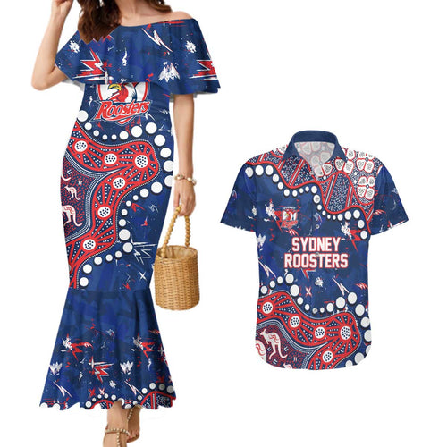 Personalized Sydney Roosters Couples Matching Mermaid Dress and Hawaiian Shirt Aboriginal Pattern with Graffiti Style Design